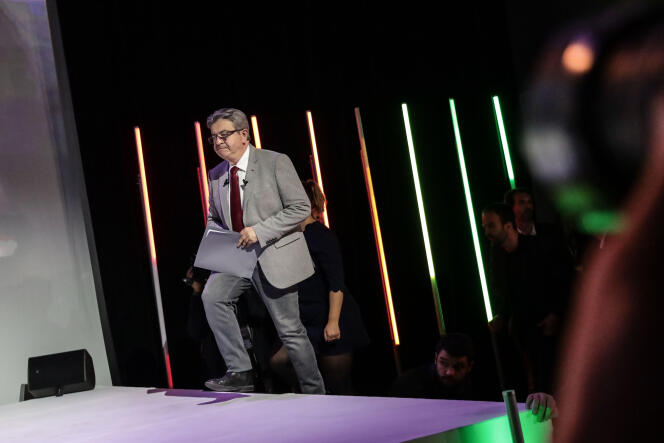 Jean-Luc Mélenchon takes the stage at the New Popular, Environmental, and Socialist Union (NUPES) inaugural convention in Aubervilliers, on May 7. 