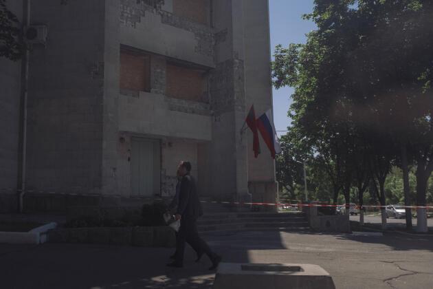 The headquarters of the Ministry of Public Security in Tiraspol, Transnistria, on 6 May 2022. The headquarters was attacked with a rocket launcher on 25 April 2022 by unknown persons.