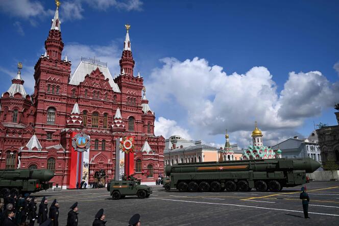 Russian Yars intercontinental ballistic missile launchers march through Red Square during the Victory over Nazi Germany Day military parade in Moscow on May 9, 2022.