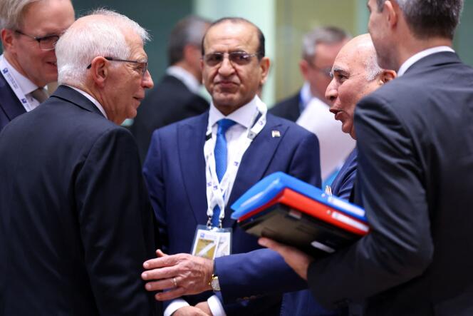 EU High Representative Josep Borrell, left, speaks with Iraqi Foreign Minister Fouad Hussein during the sixth Syria Donor Conference in Brussels on May 10.