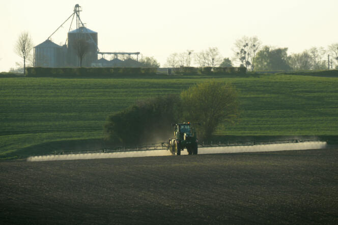 Un agriculteur pulvérise du glyphosate « Roundup 720 » fabriqué par le géant agrochimique Monsanto, dans un champ de maïs à Piacé (Sarthe), en avril 2021.