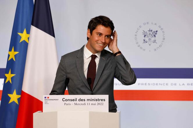 Government spokesman Gabriel Attal during his press conference after the Council of Ministers on May 11, 2022, in Paris.