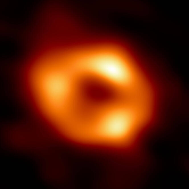 This is the first image of Sgr A*, the supermassive black hole at the center of our galaxy. It’s the first direct visual evidence of the presence of this black hole.