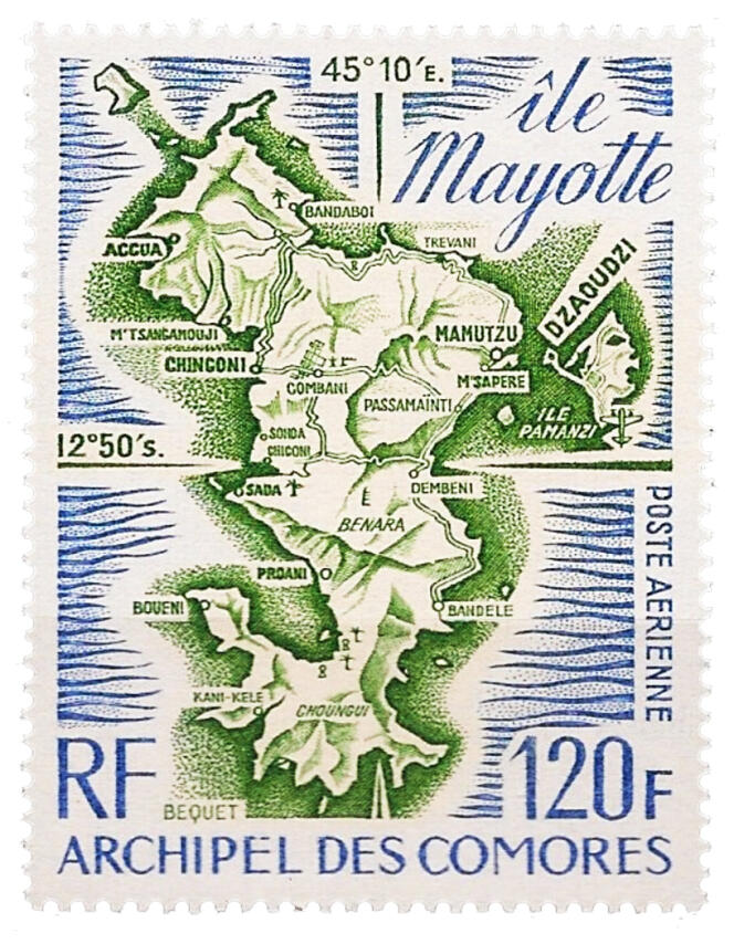Timbre de poste aérienne de l’Archipel des Comores de 1974.