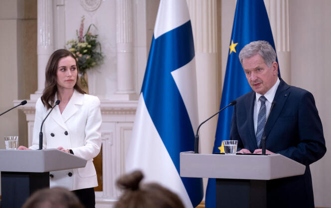 Finland's Prime Minister Sanna Marin President Sauli Niinistö give a press conference to announce that Finland will apply for NATO membership at the Presidential Palace in Helsinki, Finland on May 15, 2022.