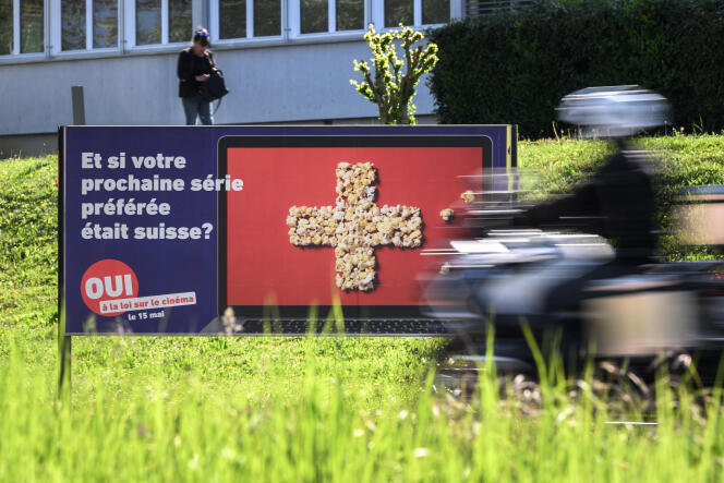 A poster supporting the Lex Netflix referendum in Switzerland on May 11, 2022.