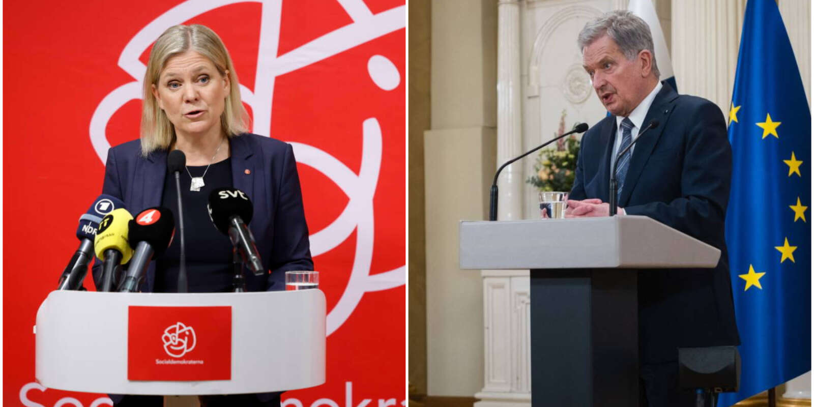 La première ministre suédoise Magdalena Andersson et le président finlandais Sauli Niinistö lors de leur conférence de presse respectives pour demander l’adhésion de leur pays à l’OTAN, à Stockholm et à Helsinki, samedi 15 mai.