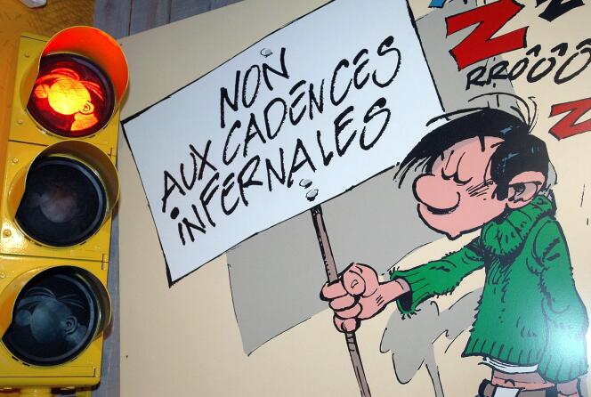 Le personnage de Gaston Lagaffe, créé par le dessinateur belge Franquin, affiché lors d’une exposition à Bruxelles, en février 2007, pour le 50ᵉ anniversaire de la création de son personnage.