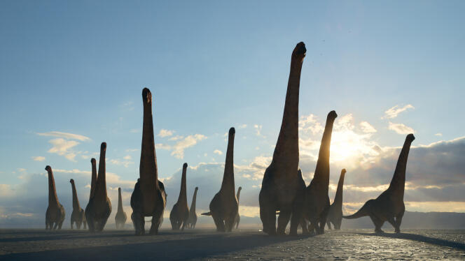 Un troupeau de Dreadnoughtus, des titanosaures capables de survivre dans des conditions extrêmes, il y a 66 millions d’années.