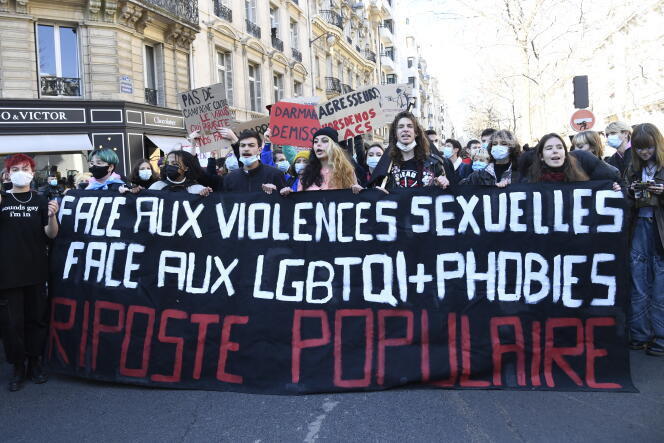 Lors d’une manifestation pour la Journée des droits des femmes, le 6 mars 2021.