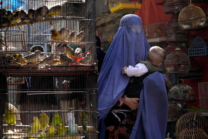 Une femme portant la burqa, dans un marché aux oiseaux dans le centre-ville de Kaboul, en Afghanistan, le 8 mai 2022.