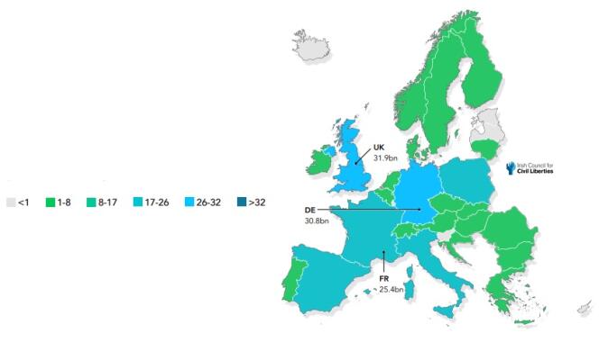 Diffusions quotidiennes de données personnelles via le système RTB en Europe, en milliards. 