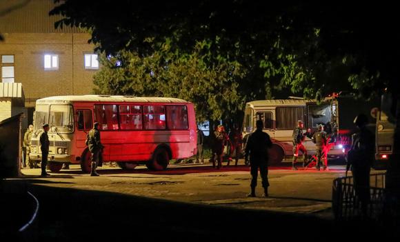 On May 16, 2022, soldiers of the Ukrainian forces were evacuated by bus from the besieged Azovstel Steelworks in Mariupol.