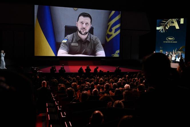 Volodymyr Zelenskyy speaks live during the opening ceremony of the 75th Cannes Film Festival, May 17, 2022.