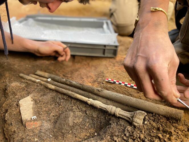 Une trompe droite gallo-romaine découverte lors de fouilles dans un cryptoportiques du forum antique de Bavay, le 21 avril 2022.