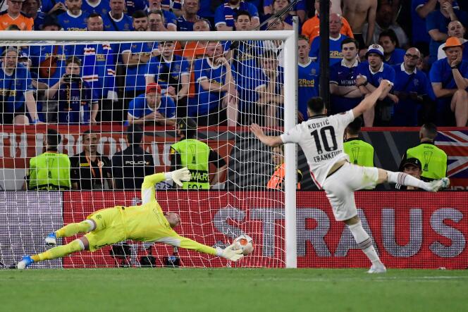 Serbian player Filip Kostic scores one of Eintracht's shots on target in the Europa League final against Glasgow Rangers in Seville on May 18, 2022.