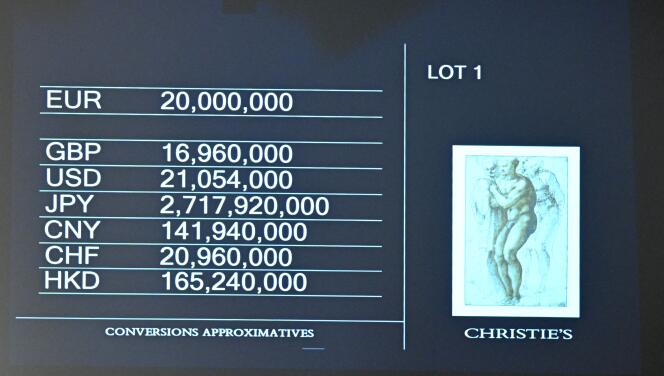 A screen shows the auction of a recently rediscovered drawing by Michelangelo, the artist's first known nude, that was adjudicated 20 millions euros (21 054 000 USD), at the Christie's auction house in Paris on May 18, 2022.  