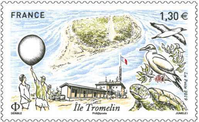 Tromelin, sa faune, sa station météo, sa piste aérienne, timbre-poste émis par la France en 2019.