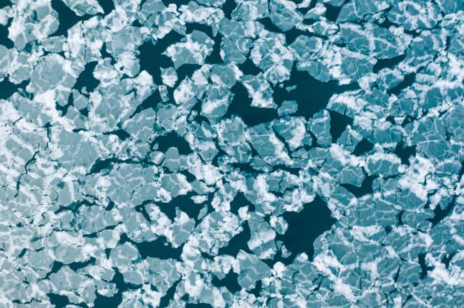 Aerial view of the ice in Borebukta, a bay in the Svalbard archipelago to the north of Norway, on May 3, 2022.