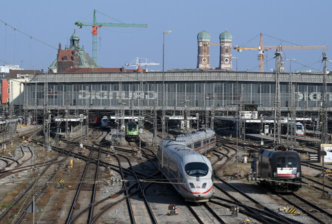 A Deutsche Bahn ICE high-speed train arrives in Munich
