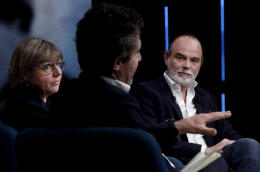 (From L) President of the Paris-Sud University Sylvie Retailleau, French physicist and philosopher of science Etienne Klein, and Former Prime Minister and Le Havre's Mayor Edouard Philippe attend a symposium organized by the ruling party La Republique en Marche (LREM) in Aubervilliers, north of Paris, on February 06, 2022. (Photo by GEOFFROY VAN DER HASSELT / AFP)