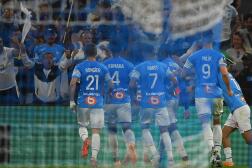 Les joueurs de l’OM célèbrent le but de Gerson lors du match entre Marseille et Strasbourg en Ligue au stade Vélodrome, le 21 mai.