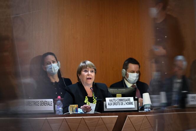 La haut-commissaire de l’ONU aux droits de l’homme, Michelle Bachelet, à l’ouverture d’une session du Conseil des droits de l’homme de l’ONU, à Genève, le 28 février 2022. 