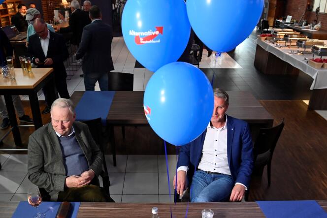 Alexander Gauland (left), honorary chairman of the AfD, and Björn Höcke, representative of the radical wing of the far-right party, at the party's offices during the regional elections in Saxony-Anhalt, in Magdeburg, eastern Germany, on June 6, 2021.