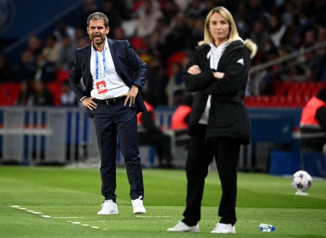 On April 30, 2022, Paris-Saint-Germain's French head coach Didier Ollé-Nicolle reacts during the UEFA Women's Champions League semi-final second leg football match between Paris Saint-Germain (PSG) and Lyon (OL), at the Parc des Princes stadium in Paris.