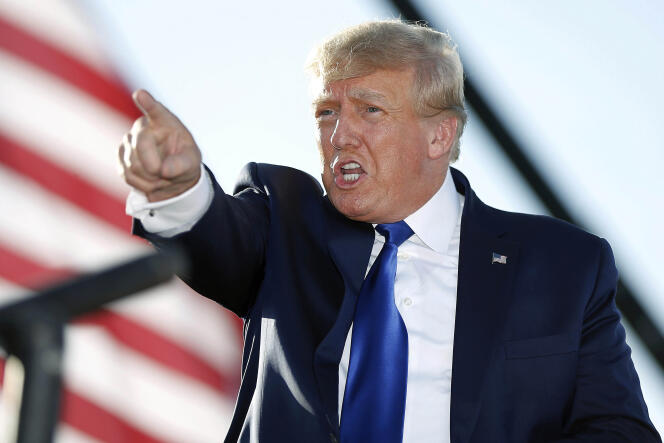 Former U.S. President Donald Trump at a rally at the Delaware County Fairgrounds in Delaware, Ohio, on April 23, 2022.