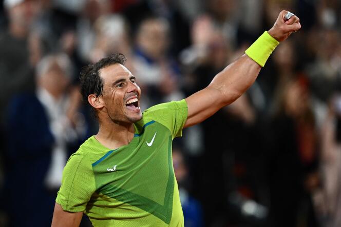 Spain's Rafael Nadal, after his victory over Corentin Moutet, on court Philippe-Chatrier, at Roland Garros, May 25, 2022.  