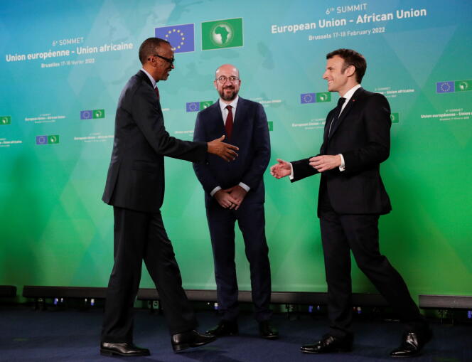 From left to right: Rwandan President Paul Kagame, European Council President Charles Michel and French President Emmanuel Macron at the European Union-African Union Summit in Brussels on February 17, 2022.