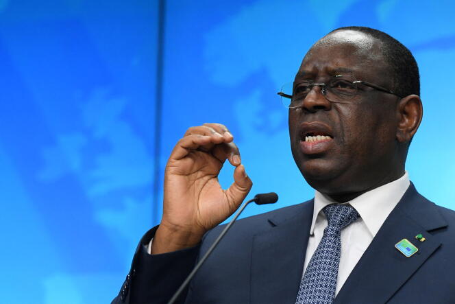 Le président sénégalais, Macky Sall, lors d’un discours à Bruxelles, le 18 février 2022.