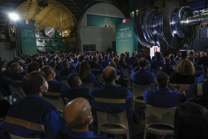 Emmanuel Macron visits the General Electric gas turbine plant in Belfort, February 10, 2022.