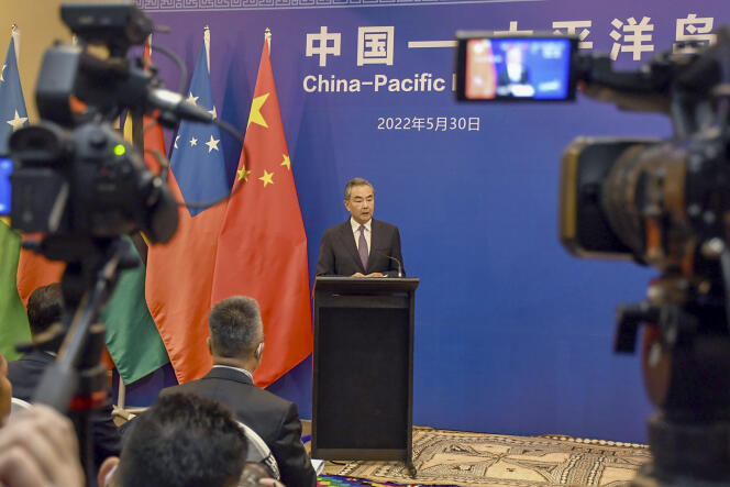 Chinese Foreign Minister Wang Yi during a press conference on the occasion of the Pacific Islands Foreign Ministers Meeting, Monday, May 30, 2022, in Suva, Fiji.