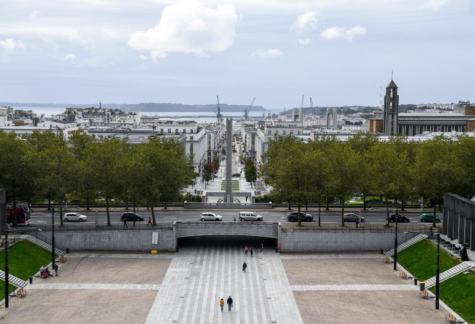 This picture taken on October 2, 2019 shows a view of Brest city centre from the city hall. (Photo by DAMIEN MEYER / AFP)