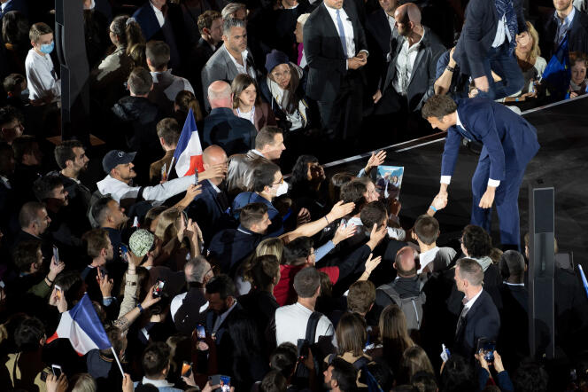 Emmanuel Macron, alors candidat à sa réélection, lors d’un meeting de campagne à Strasbourg, le 12 avril 2022.