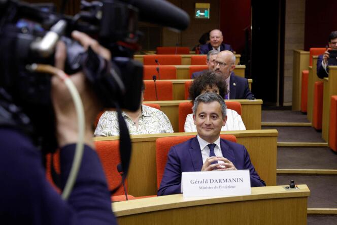 France's Interior Minister Gérald Darmanin sits at the start of his hearing before the French Sénat Law and Culture Committees on disorder at the Stade de France during the Champions League final, on June 1, 2022 in Paris. 