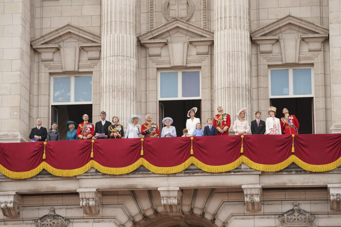 Members of the Royal Family who have official duties, as well as their children, attended the flypast with Queen Elizabeth II.