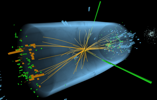 Evénements signant la création d’un boson de Higgs provenant de collisions entre protons dans l’accélérateur de particules LHC du CERN, près de Genève (Suisse).