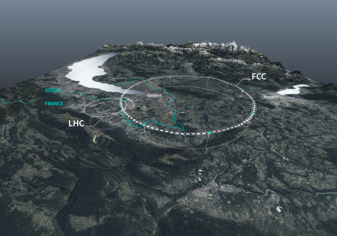 Mappa schematica che mostra il probabile percorso di un futuro Circular Collider tra Svizzera e Francia.