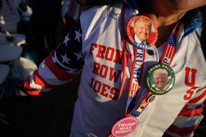 A supporter of former president Donald Trump at a rally at Florence Regional Airport in South Carolina on March 12, 2022.