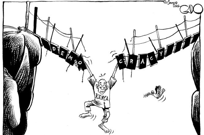 A cartoon by Gado illustrating the Cartooning for Peace exhibition at the Alliance Française in Nairobi, on view until June 19, 2022.