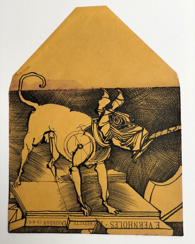 Mail art et « récup’art » sur une enveloppe de l’arriere grand-père de Nicolas Vial,  Eugène Vernholes, qui a sa rue à Dourdan...