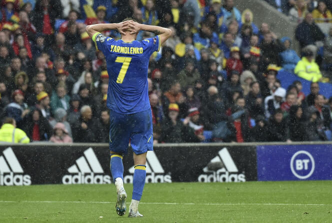 Ukraine's Andriy Yarmolenko reacts during the World Cup 2022 qualifying play-off soccer match between Wales and Ukraine at Cardiff City Stadium, in Cardiff, Wales, Sunday, June 5, 2022.
