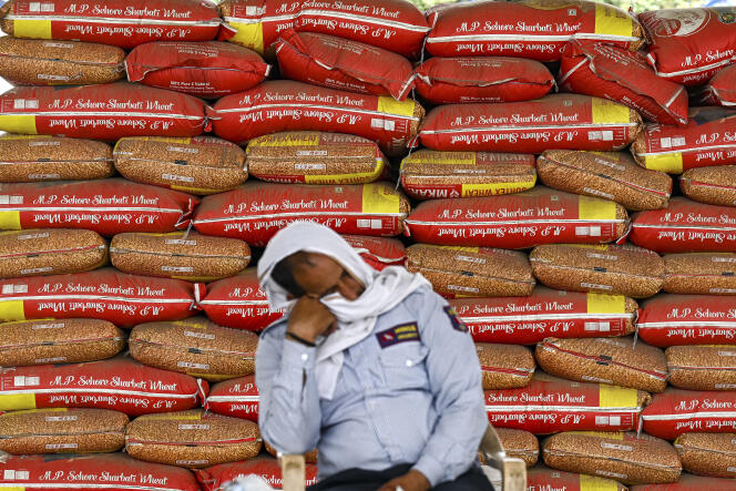 A security guard in front of bags of wheat at a wholesale grain market in New Delhi, May 18, 2022.