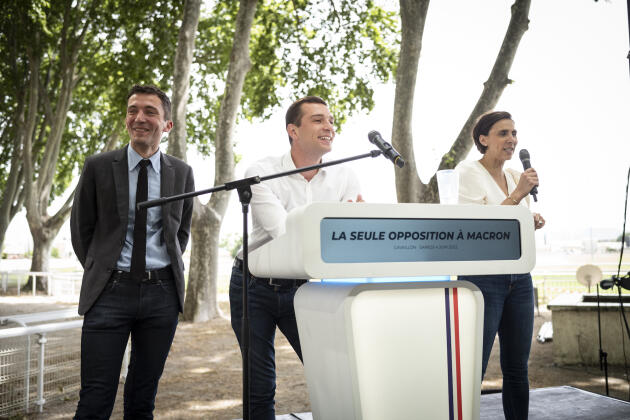 Campaigning for the Rassemblement National for the legislative elections, Jordan Bardella gives a speech at the racetrack in Cavaillon (Vaucluse) on June 4, 2022.