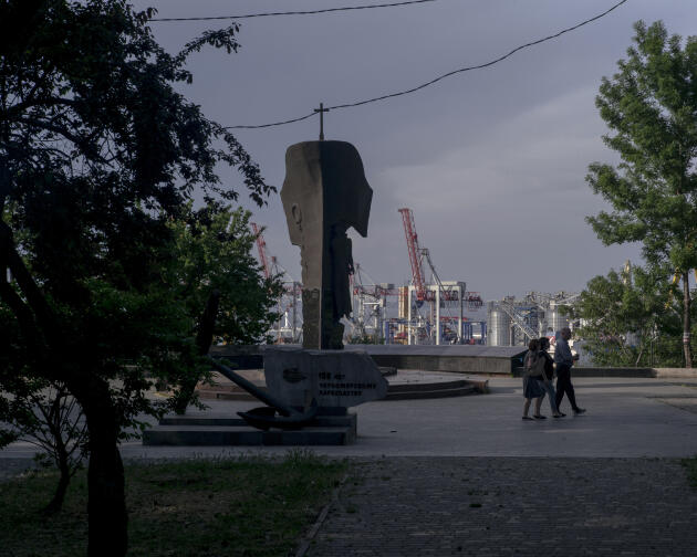 Soviet monument in honor of missing sailors, in front of the port of Odesa, Ukraine, June 2, 2022.