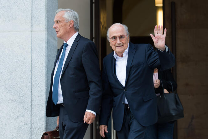 Lorenz Erni and Sepp Blatter at the Federal Criminal Court in Bellinzona, Switzerland, June 8, 2022.