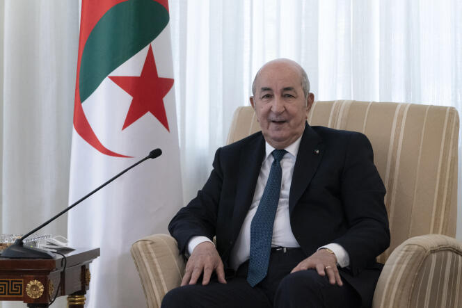 Algeria's President Abdelmadjid Tebboune, speaks during the start of his meeting with US Secretary of State Antony Blinken, on March 30, 2022, at El-Mouradia Palace, the president's official residence in the capital Algiers.
